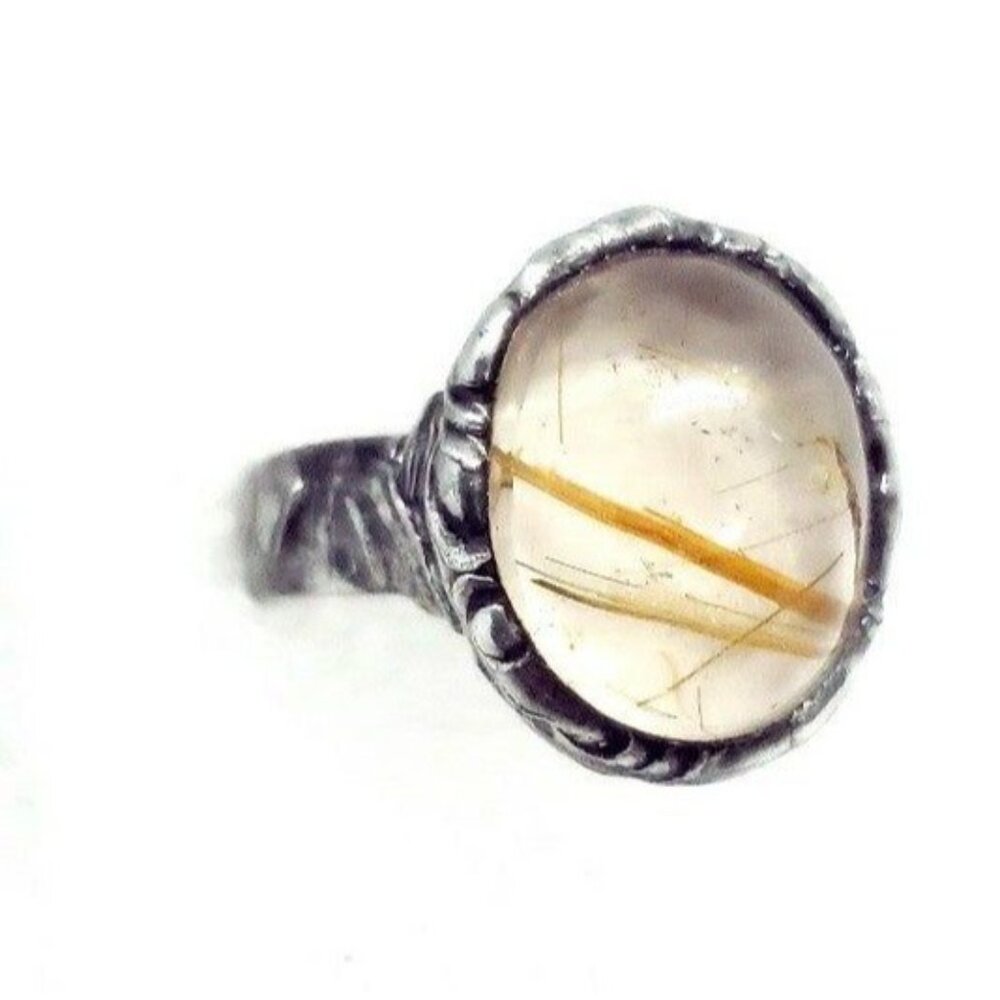 Gold rutilated quartz crystal Ring handmade